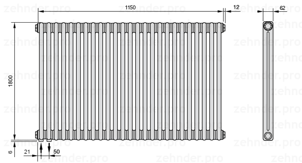 Схема (чертеж) Радиатор Zehnder Charleston 2180/25 №3370 Белый глянцевый RAL 9016